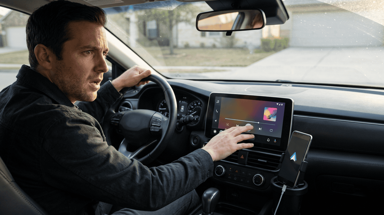 Hand reaching for a car dashboard touchscreen at sunrise while checking android auto autoplay settings