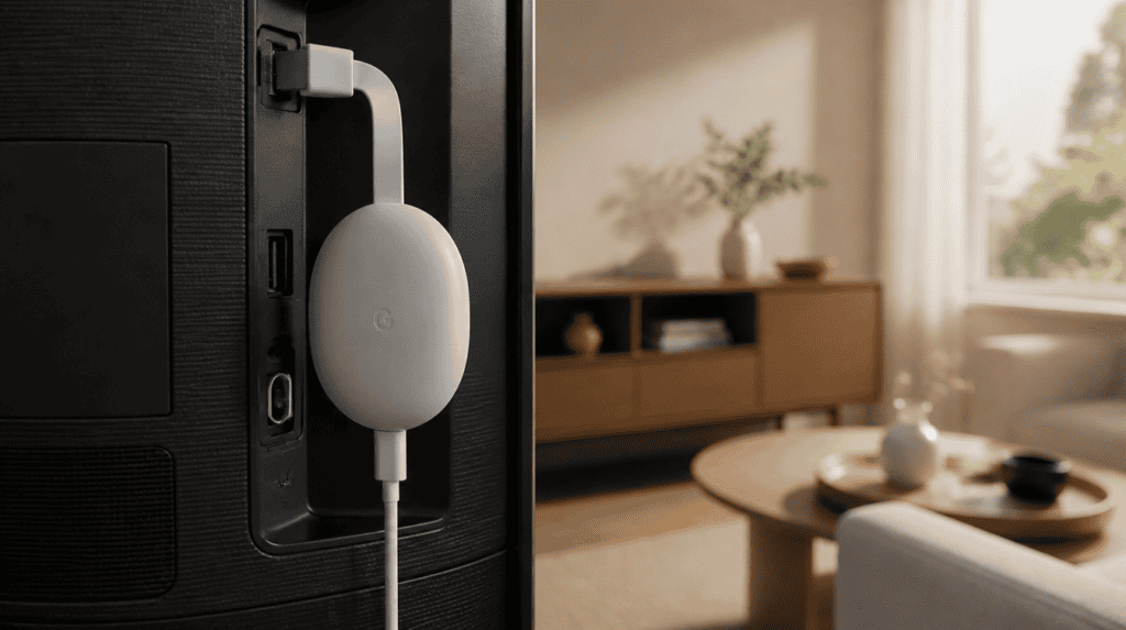 Streaming dongle plugged into a TV HDMI port with a remote on the console, ready for the chromecast with google tv update