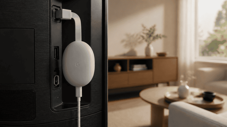 Streaming dongle plugged into a TV HDMI port with a remote on the console, ready for the chromecast with google tv update