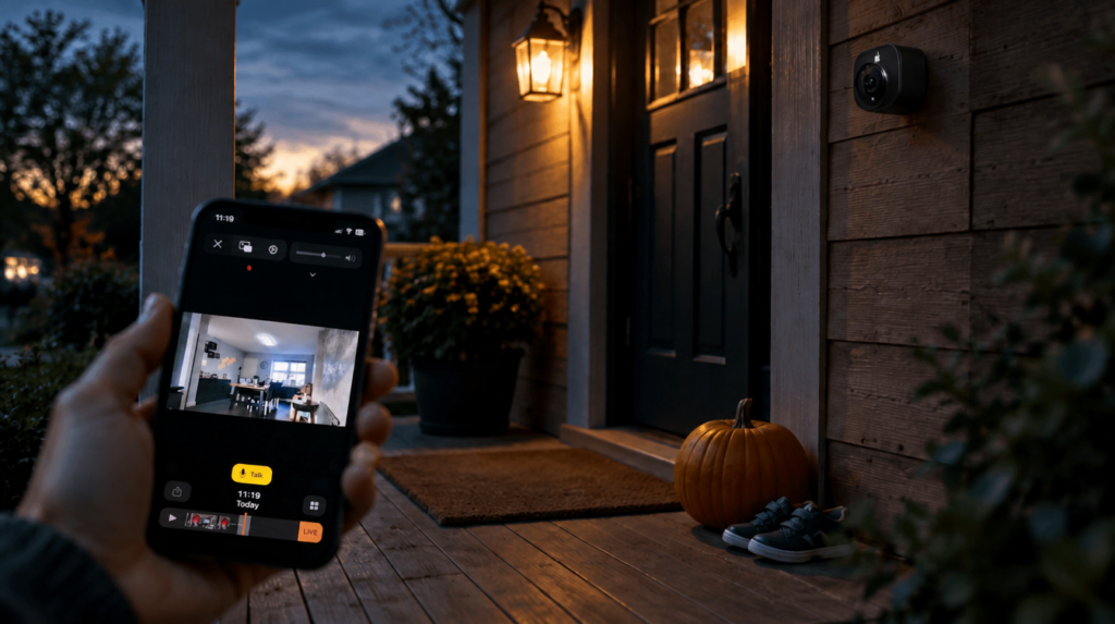 Front porch security camera at dusk with phone showing feed, illustrating homekit secure video cost for AI alerts