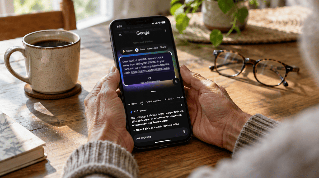 Hands holding an Android phone at a kitchen table to check if a text is a scam, one message circled on screen