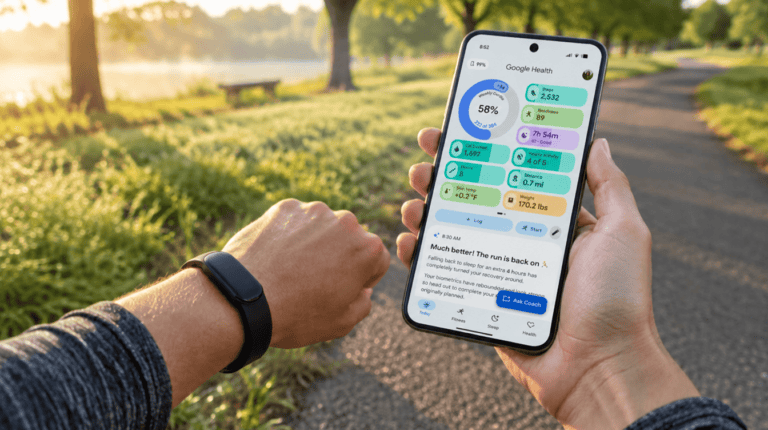 Hand with a fitness tracker holding an Android phone on a park path, mid fitbit app update to Google Health