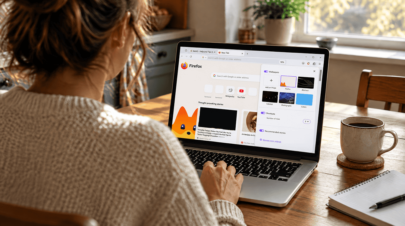 Person at a kitchen table using a laptop browser while adjusting settings to restore the old Firefox look