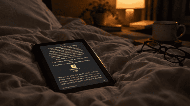 E-reader in dark mode on a bed at night with faint kindle light bleed along one edge of the screen