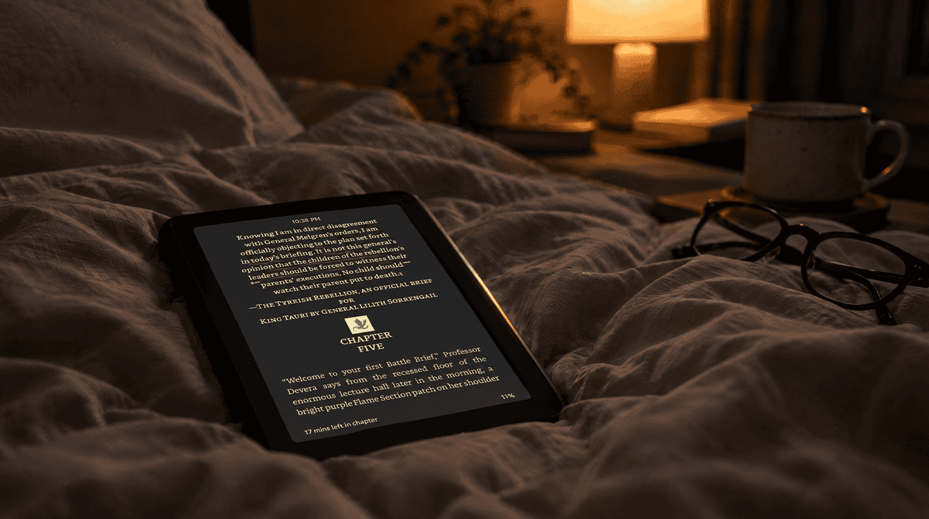 E-reader in dark mode on a bed at night with faint kindle light bleed along one edge of the screen