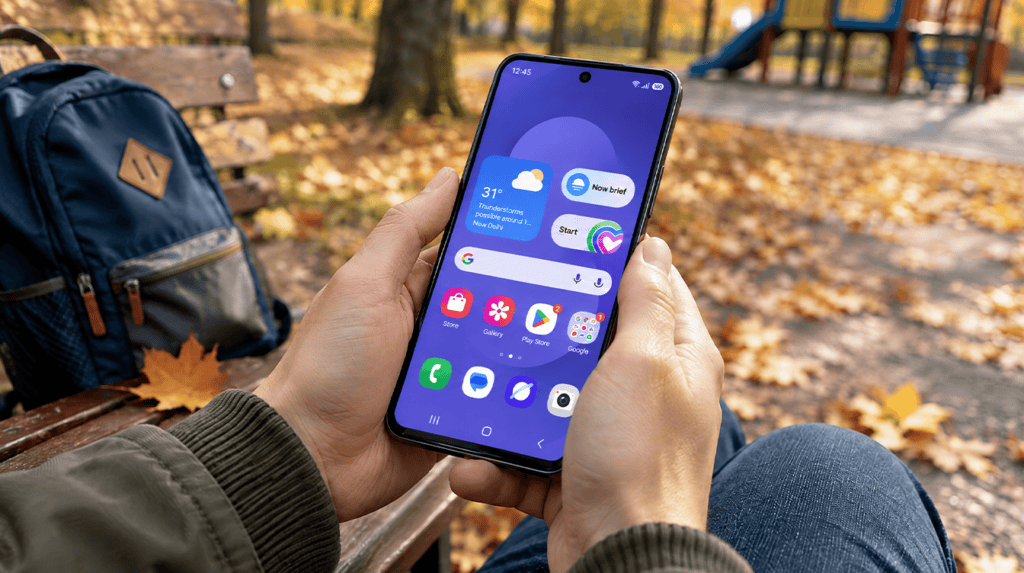 Hands holding an Android phone with an update in progress on a park bench, checking the one ui 9 update list
