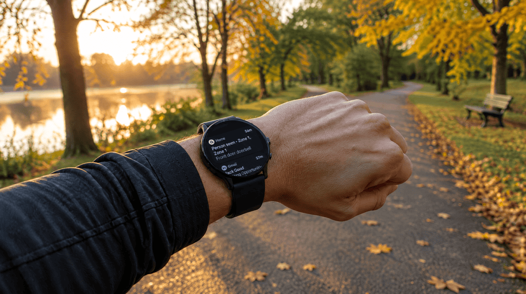 Close-up of a smartwatch on a runner's wrist on an autumn park trail, a reminder of how pixel watch emergency sos works