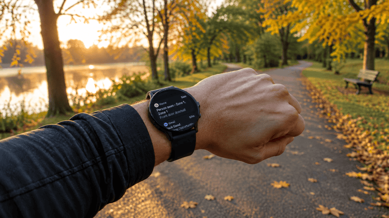 Close-up of a smartwatch on a runner's wrist on an autumn park trail, a reminder of how pixel watch emergency sos works