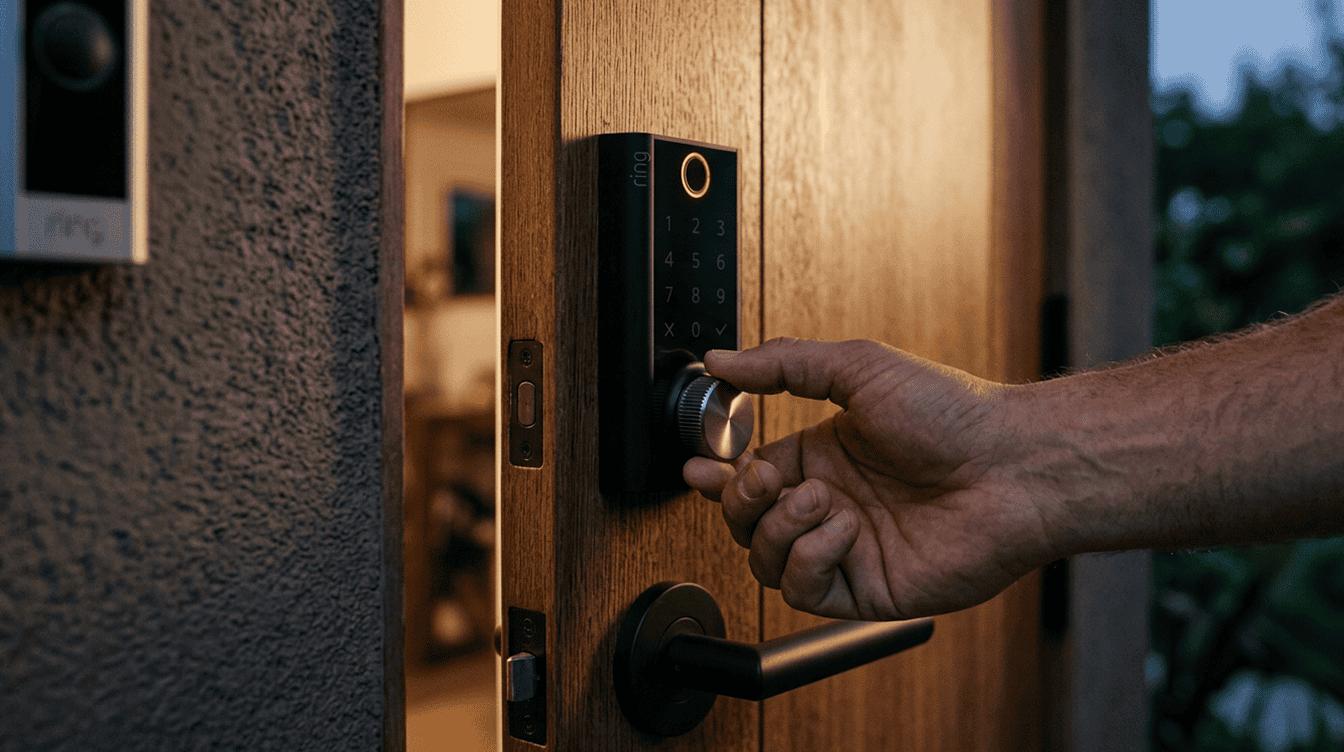 Hand turning the dial on a matte black keyless door lock at dusk, showing the ring smart lock battery backup idea