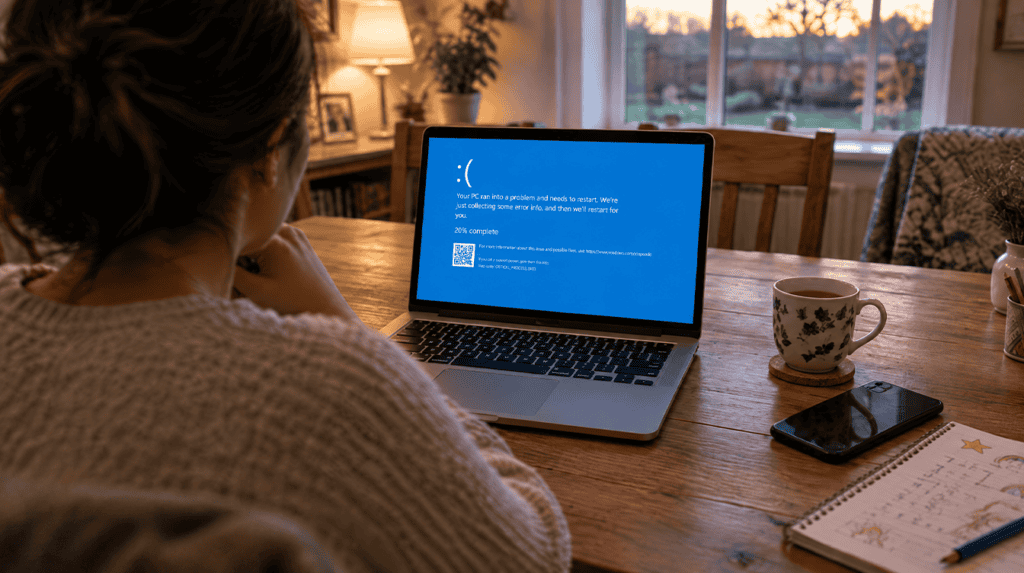 Person seen from behind at a kitchen table watching a laptop update, ahead of windows 11 24h2 end of support