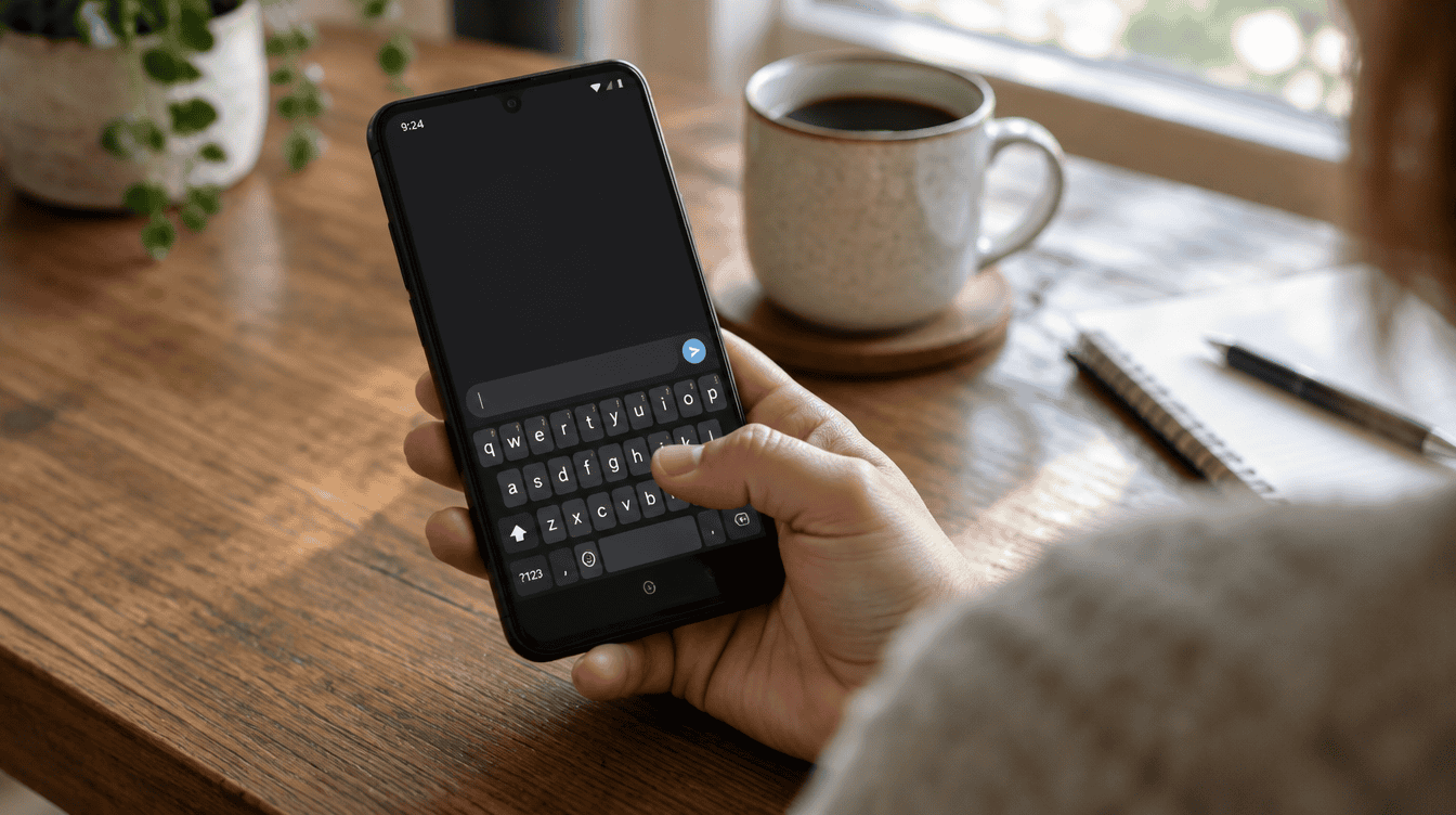 Hand holding an Android phone with the keyboard open at a kitchen table, troubleshooting a gboard shift key not working bug