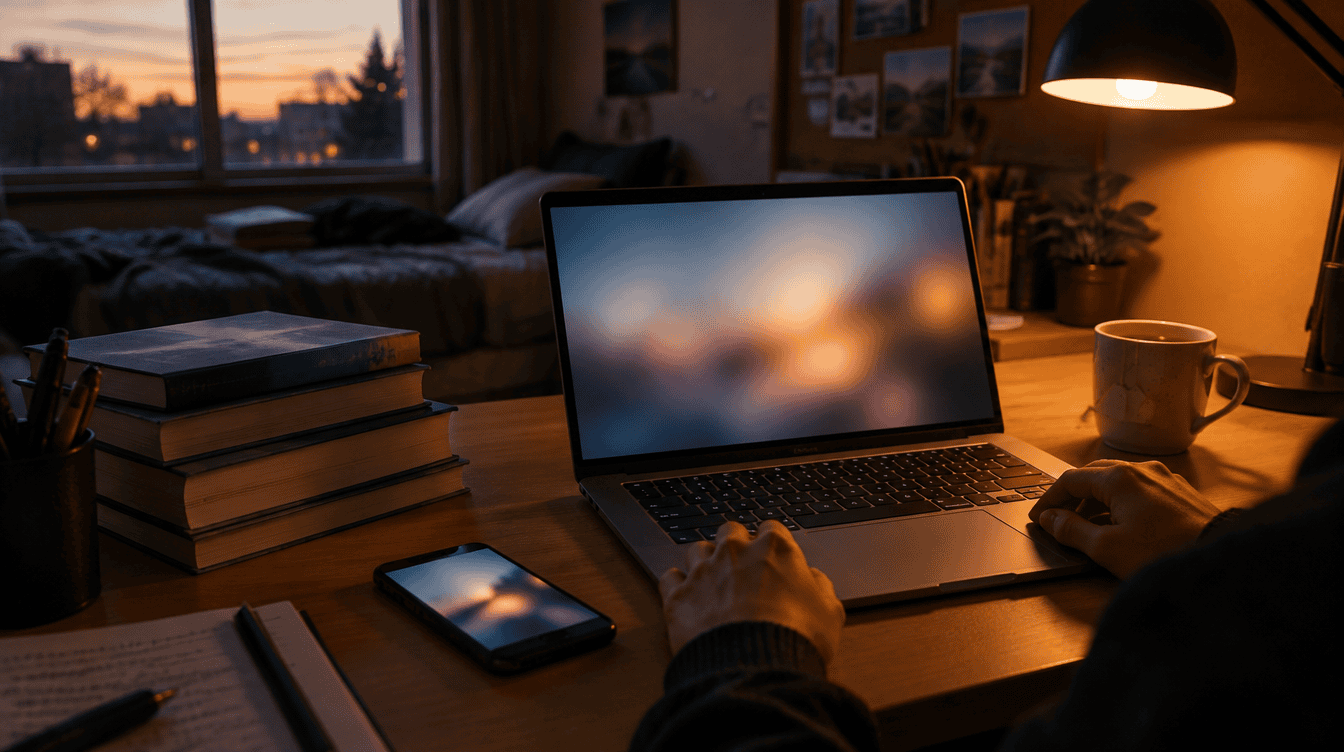 Laptop and phone on a lamp-lit dorm desk at dusk as a student sorts out a google ai pro student plan problem