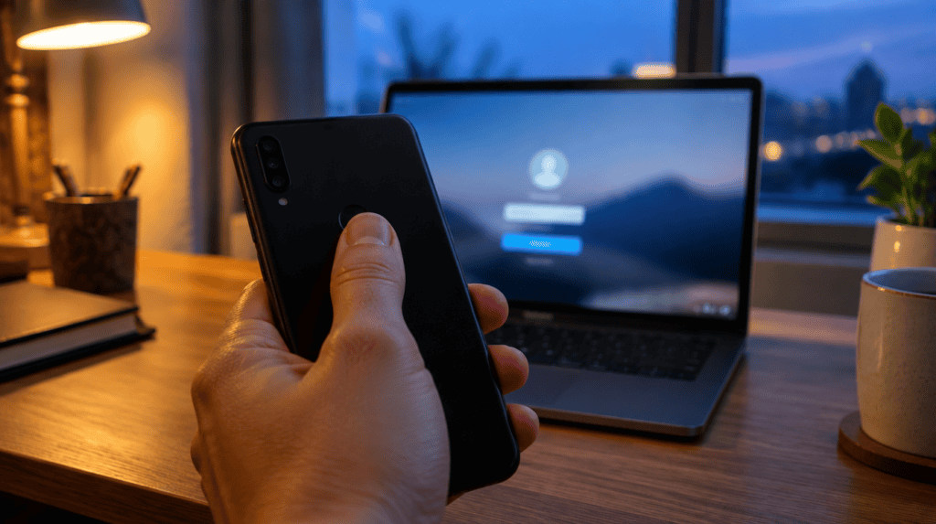 Thumb on a phone fingerprint sensor in a dim home office during google passkey setup, laptop glowing behind