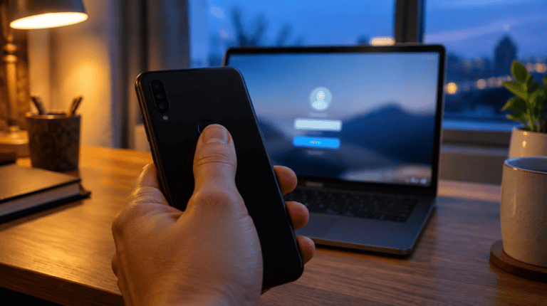 Thumb on a phone fingerprint sensor in a dim home office during google passkey setup, laptop glowing behind