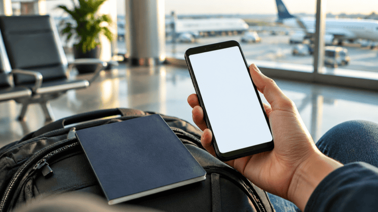 Phone and passport at an airport gate, ready to add a google wallet passport ID pass