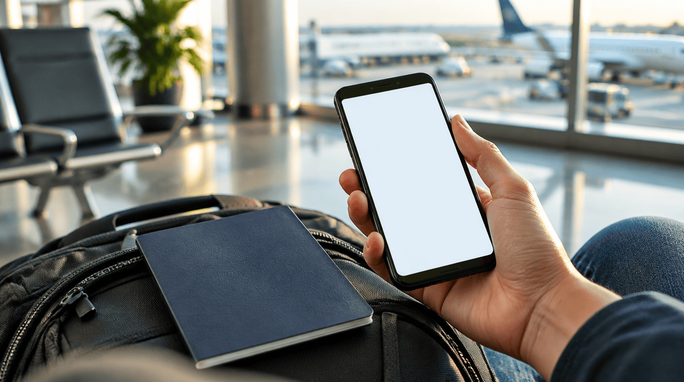 Phone and passport at an airport gate, ready to add a google wallet passport ID pass