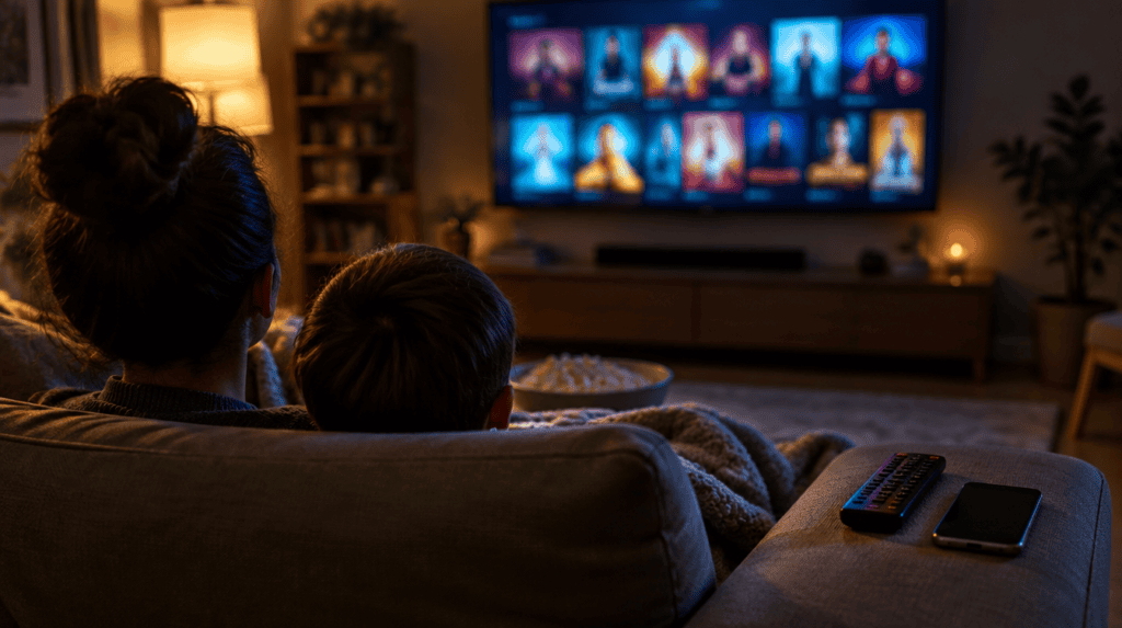 Parent and child on a sofa watching a streaming grid on TV at night, ahead of the hbo max paramount plus merger