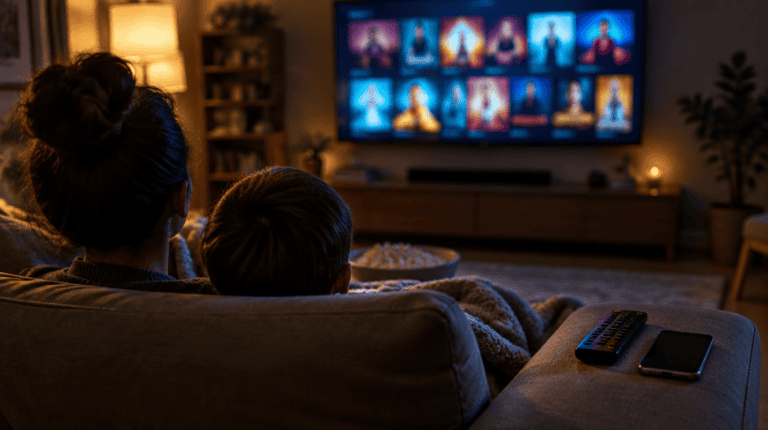 Parent and child on a sofa watching a streaming grid on TV at night, ahead of the hbo max paramount plus merger