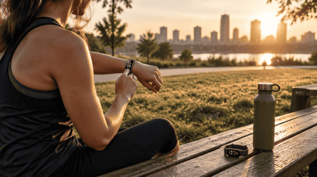 Runner on a park bench at sunrise checking a fitness band beside a second tracker, fitbit edge vs charge 6