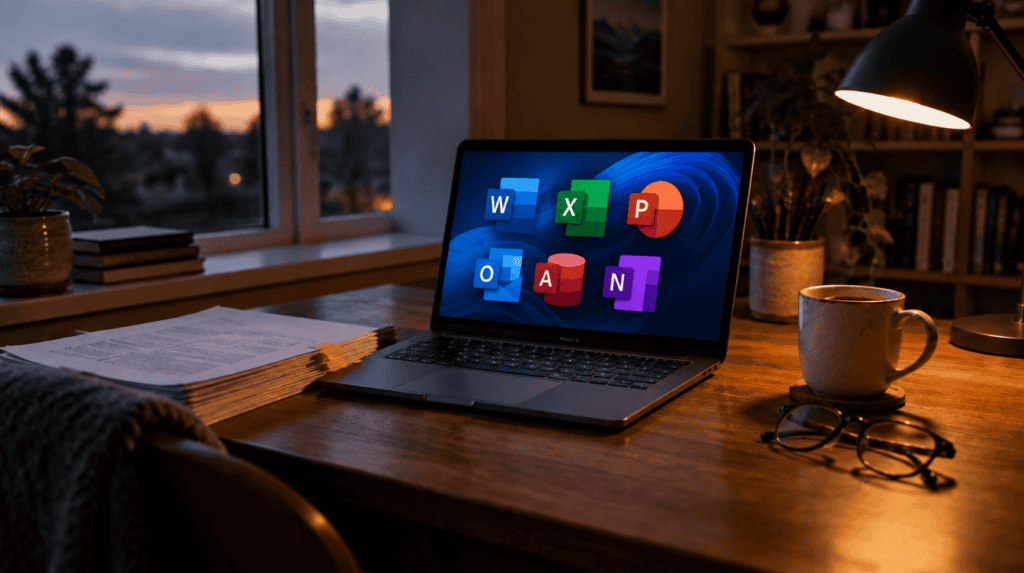 Laptop on a lamp-lit home office desk with school papers and a mug as office 2021 end of support arrives