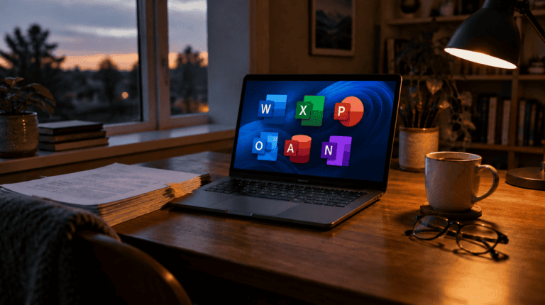 Laptop on a lamp-lit home office desk with school papers and a mug as office 2021 end of support arrives