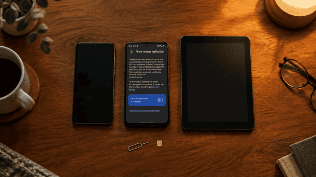 Two Android phones and a tablet on a desk, one showing the google phone number verification setting toggles