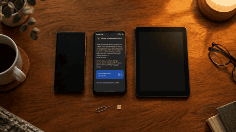 Two Android phones and a tablet on a desk, one showing the google phone number verification setting toggles