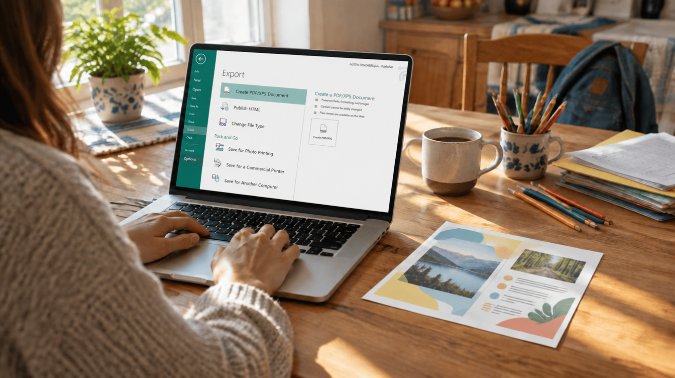 Laptop with a flyer layout on a sunny kitchen table, set up to open publisher files without publisher