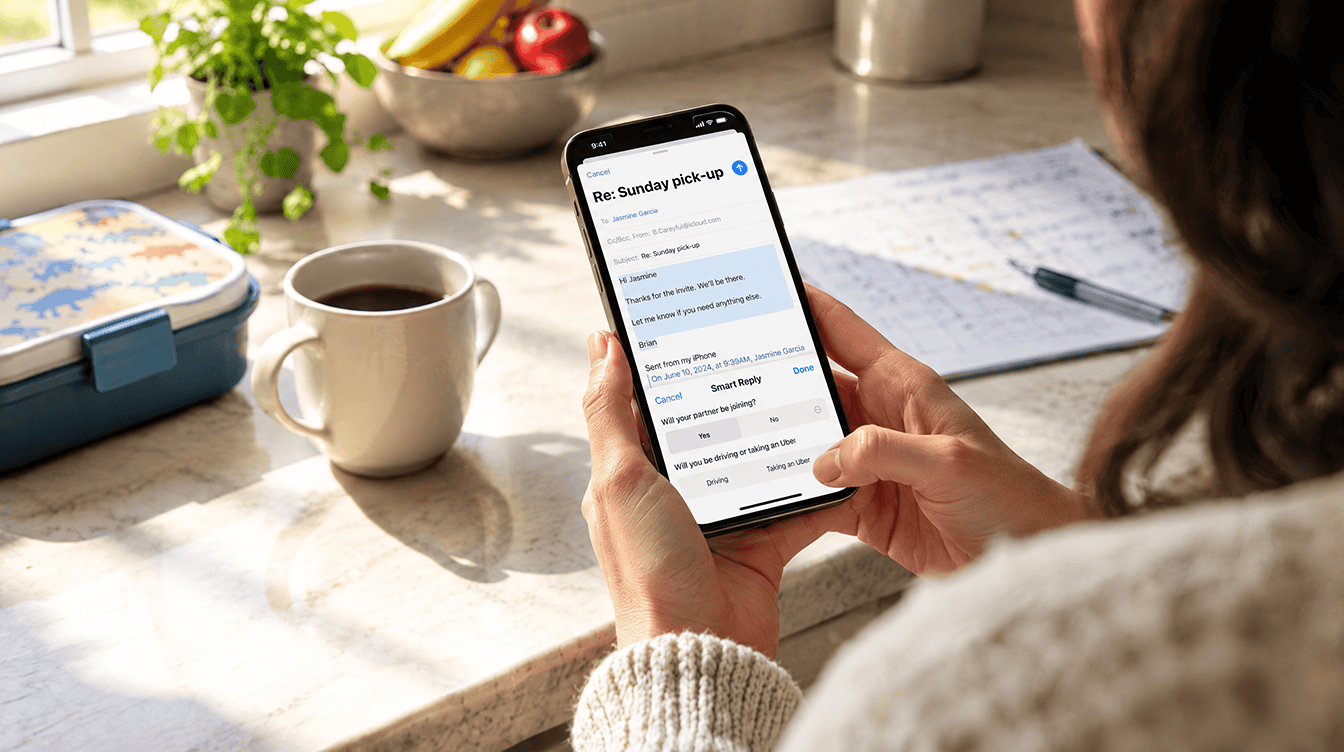 Parent holding a smartphone with an email inbox at a sunny kitchen counter, trying iOS 27 Mail features