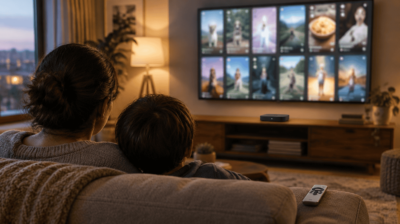 Parent and child on a sofa watching short videos on a living room TV after setting up instagram on apple tv