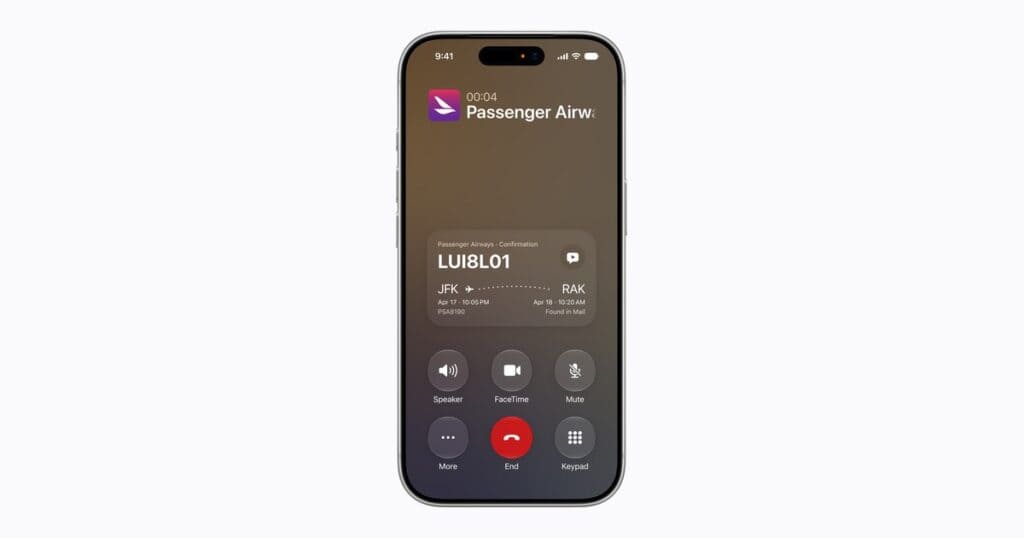 iPhone call screen showing a flight confirmation code and trip details found in Mail, one of the iOS 27 Mail features