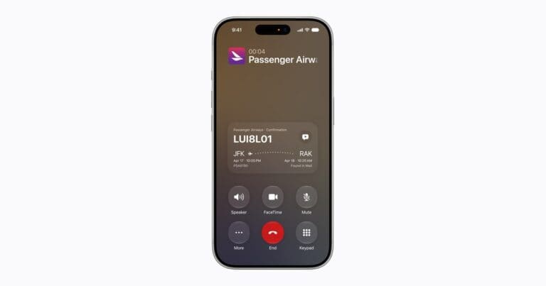iPhone call screen showing a flight confirmation code and trip details found in Mail, one of the iOS 27 Mail features