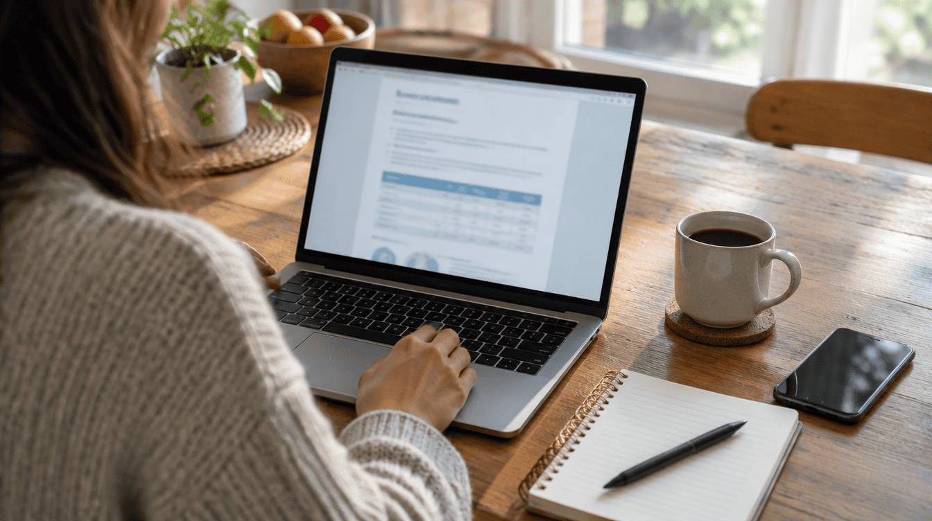 Over-the-shoulder view of a laptop with a formatted document on a kitchen table, showing markdown in google docs