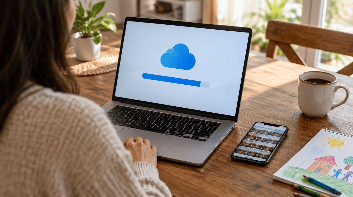 Laptop on a kitchen table showing a nearly full cloud storage bar, a sign that microsoft 365 family storage is shrinking