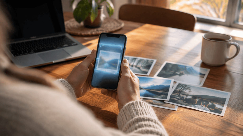 Hands holding an Android phone over a kitchen table while using the SynthID Detector to check a family photo