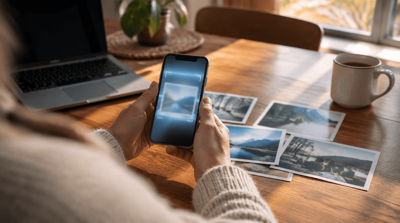 Hands holding an Android phone over a kitchen table while using the SynthID Detector to check a family photo