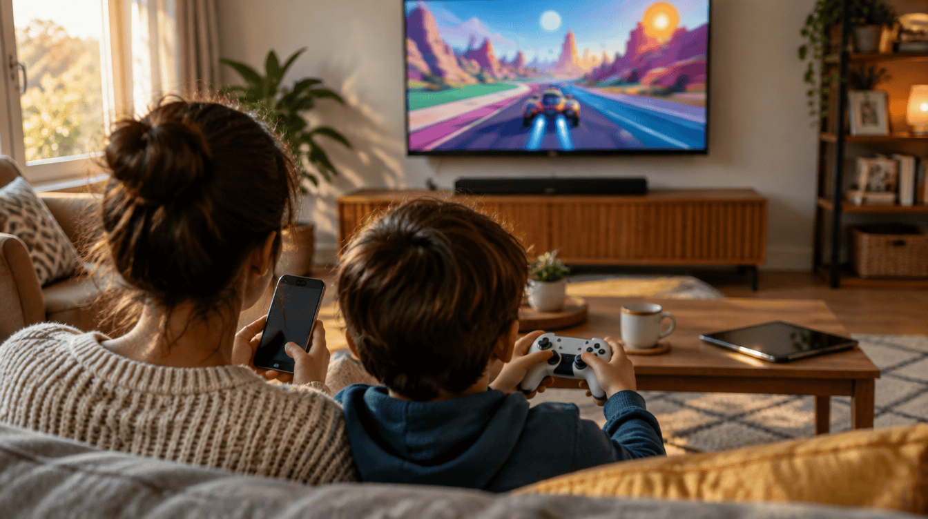 Parent and child on a sofa playing a racing game on a TV, a phone in hand, weighing t-mobile game pass